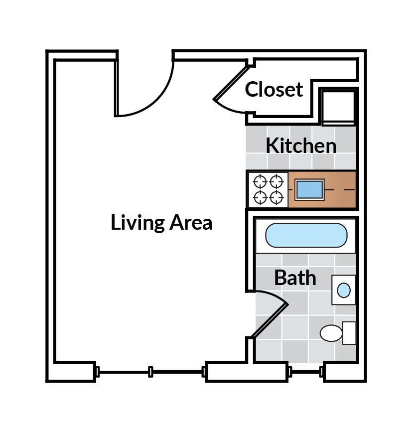 Floor plan for studio, 1 bath, 288 sqft